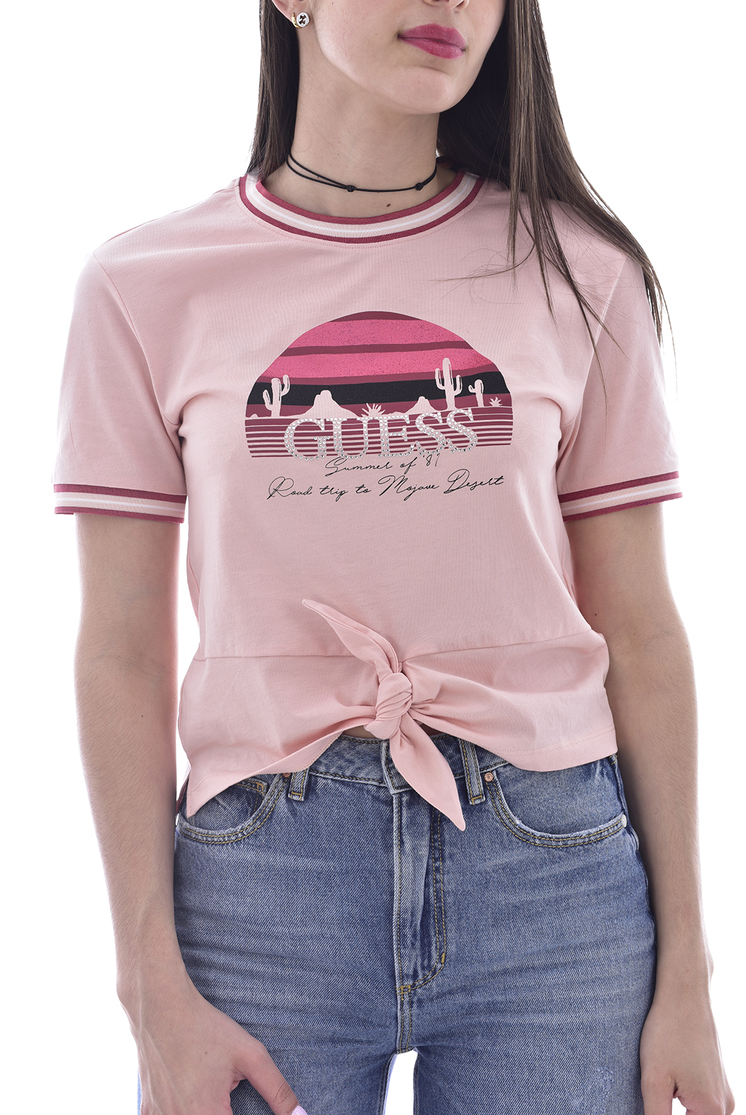 Guess Tee-shirt Rose Printé À Logo Strassé W1GI0T 
