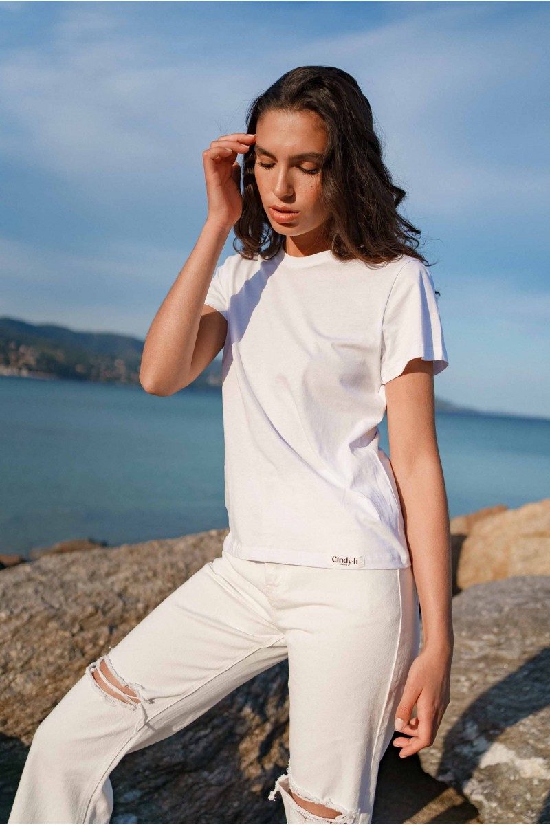 Tee-Shirt Blanc Uni En Coton Avec Col Arrondi 